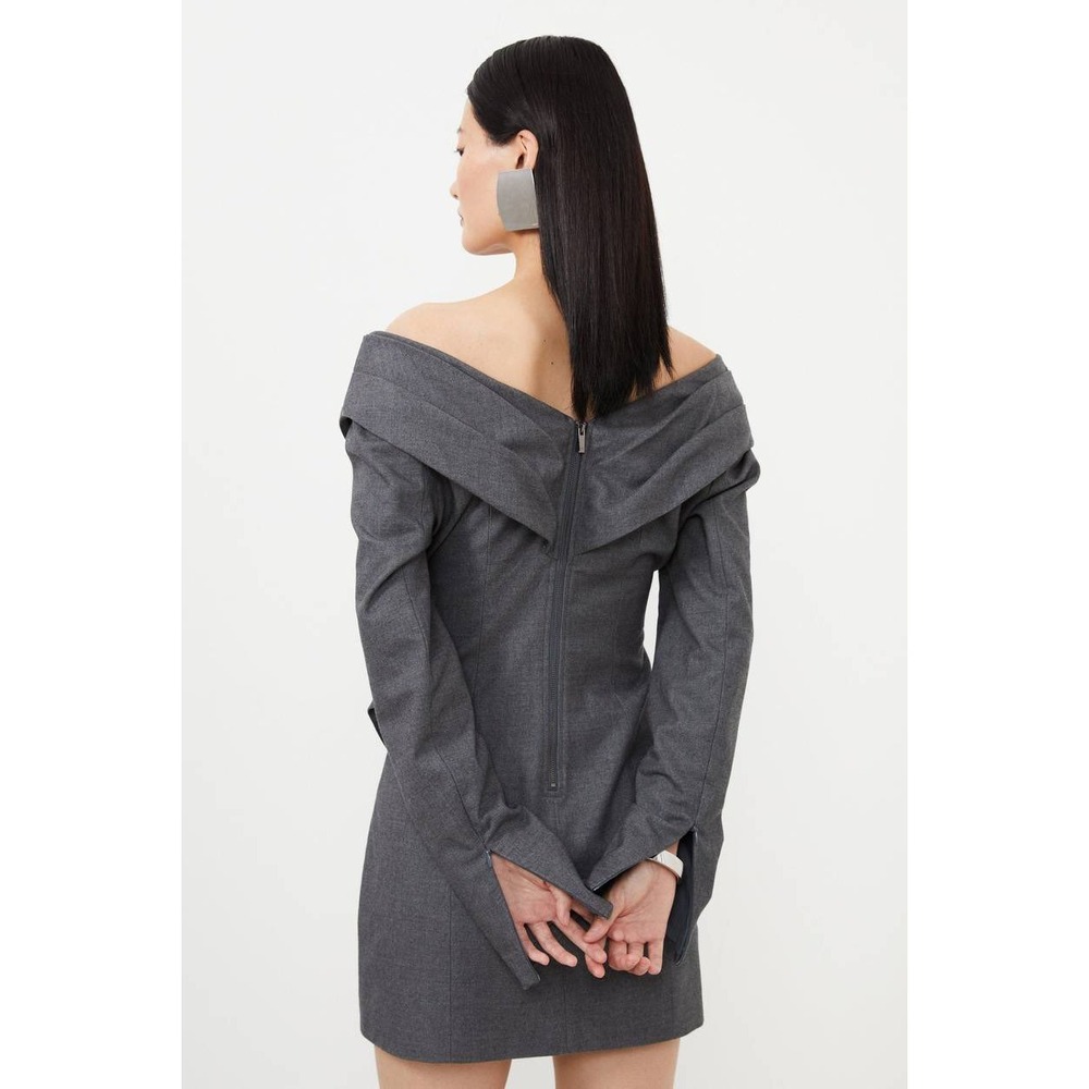 Karen Millen Mini Dress Woven Wool Mix Bardot Draped Off Shoulder Grey 8 Chic - Picture 2 of 12